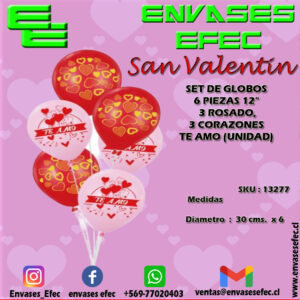 SET DE GLOBOS 6 PIEZAS 12", 3 ROSADO, 3 CORAZONES TE AMO (UNIDAD)