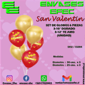 SET DE GLOBOS 6 PIEZAS - 3-10" DORADO, 3-12" TE AMO (UNIDAD)