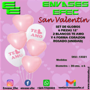 SET DE GLOBOS 6 PIEZAS 12", 2 BLANCOS TE AMO Y 4 FORMA CORAZON ROSADO (UNIDAD)