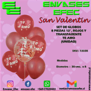 SET DE GLOBOS 8 PIEZAS 12", ROJOS Y TRANSPARENTE TE AMO (UNIDAD)