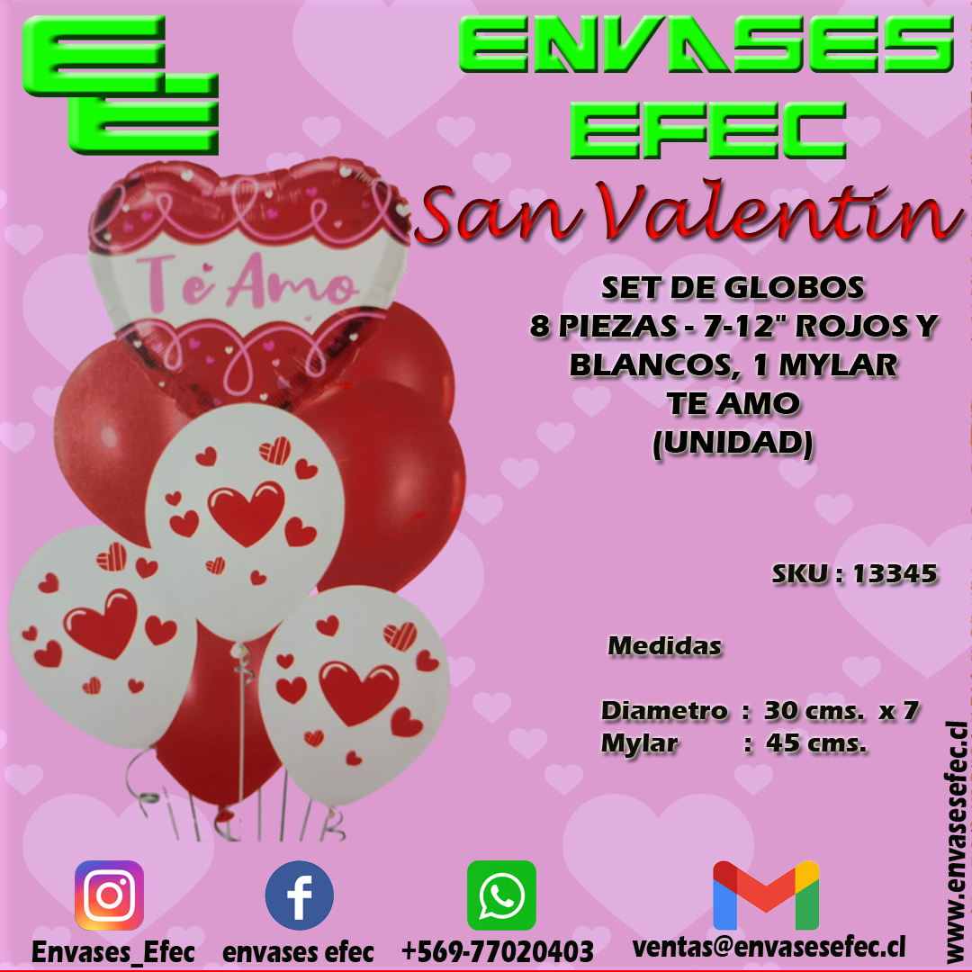 SET DE GLOBOS 8 PIEZAS - 7-12" ROJOS Y BLANCOS, 1 MYLAR TE AMO (UNIDAD)
