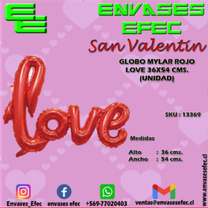 GLOBO MYLAR ROJO LOVE 36X54 CMS. (UNIDAD)