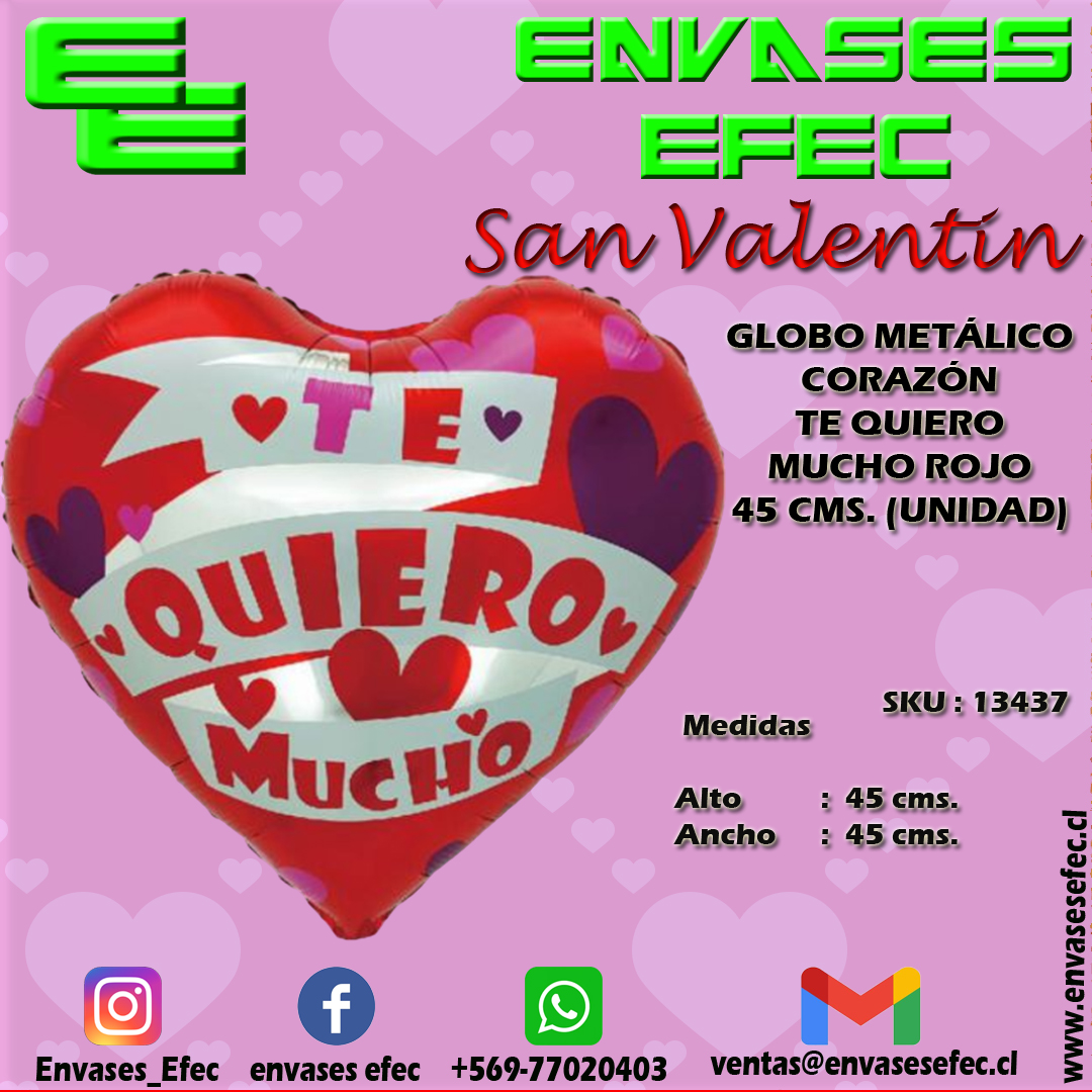 GLOBO METÁLICO CORAZÓN TE QUIERO MUCHO ROJO 45 CMS. (UNIDAD)