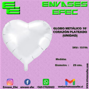 GLOBO METÁLICO 10' CORAZÓN PLATEADO (UNIDAD)