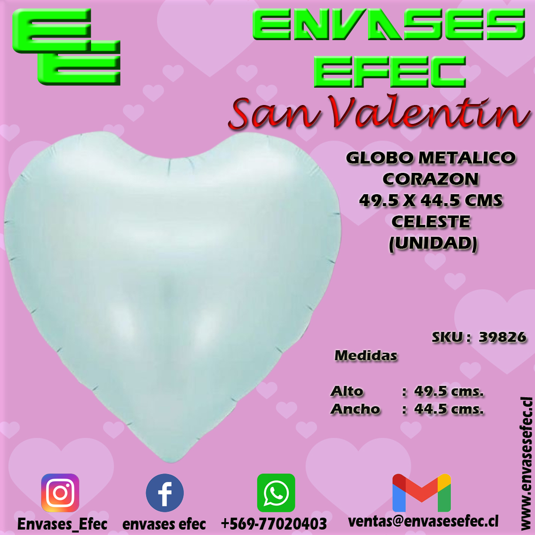 GLOBO METALICO CORAZON 49.5 X 44.5 CMS CELESTE (UNIDAD)