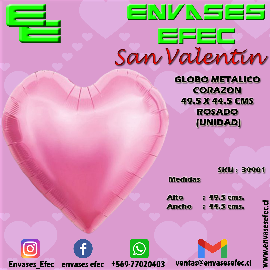 GLOBO METALICO CORAZON 49.5 X 44.5 CMS ROSADO (UNIDAD)