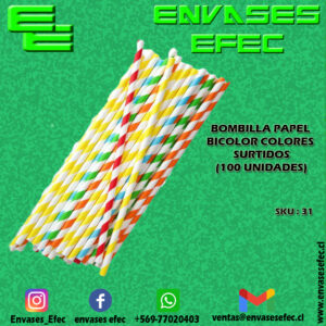 BOMBILLA PAPEL BICOLOR COLORES SURTIDOS (100 UNIDADES)