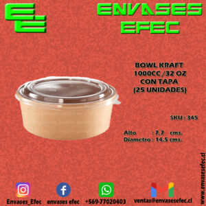BOWL KRAFT 1000CC /32 OZ CON TAPA (25 UNIDADES)