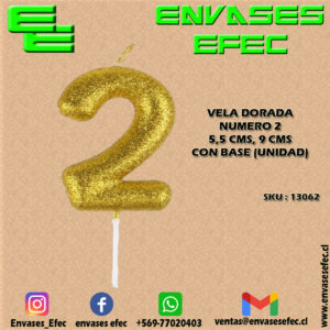 VELA DORADA NUMERO 2 - 5,5 CMS X 9 CMS CON BASE (UNIDAD)