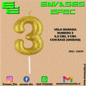 VELA DORADA NUMERO 3 - 5,5 CMS X 9 CMS CON BASE (UNIDAD)