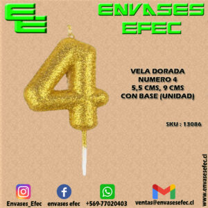 VELA DORADA NUMERO 4 - 5,5 CMS X 9 CMS CON BASE (UNIDAD)