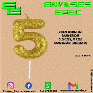 VELA DORADA NUMERO 5 - 5,5 CMS X 9 CMS CON BASE (UNIDAD)