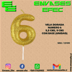 VELA DORADA NUMERO 6 - 5,5 CMS X 9 CMS CON BASE (UNIDAD)