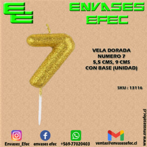 VELA DORADA NUMERO 7 - 5,5 CMS X 9 CMS CON BASE (UNIDAD)