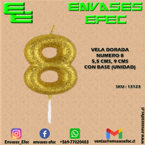 VELA DORADA NUMERO 8 - 5,5 CMS X 9 CMS CON BASE (UNIDAD)