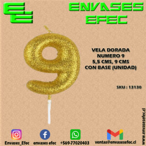 VELA DORADA NUMERO 9 - 5,5 CMS X 9 CMS CON BASE (UNIDAD)