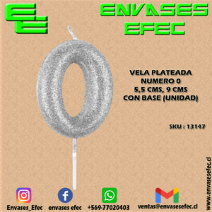 VELA PLATEADA NUMERO 0 - 5,5 CMS X 9 CMS CON BASE (UNIDAD)