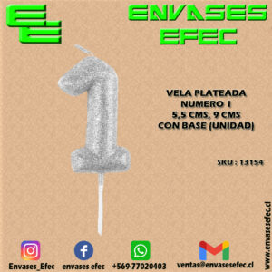 VELA PLATEADA NUMERO 1 - 5,5 CMS X 9 CMS CON BASE (UNIDAD)
