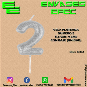 VELA PLATEADA NUMERO 2 - 5,5 CMS X 9 CMS CON BASE (UNIDAD)