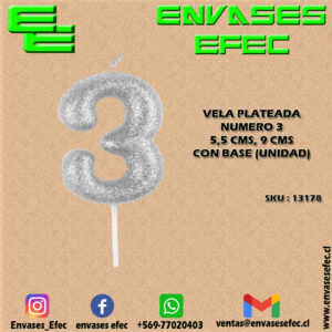 VELA PLATEADA NUMERO 3 - 5,5 CMS X 9 CMS CON BASE (UNIDAD)