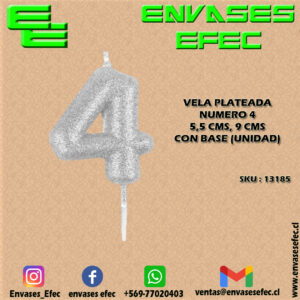 VELA PLATEADA NUMERO 4 - 5,5 CMS X 9 CMS CON BASE (UNIDAD)