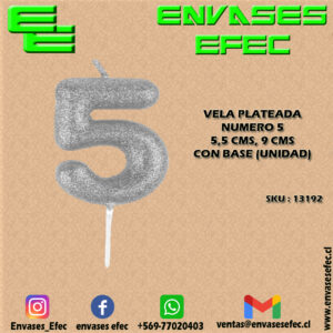 VELA PLATEADA NUMERO 5 - 5,5 CMS X 9 CMS CON BASE (UNIDAD)