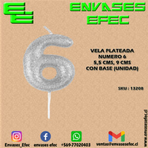 VELA PLATEADA NUMERO 6 - 5,5 CMS X 9 CMS CON BASE (UNIDAD)