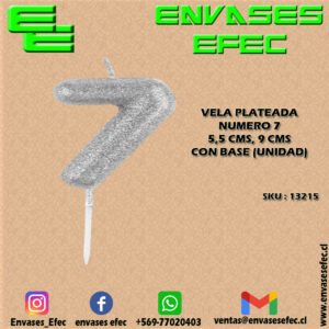 VELA PLATEADA NUMERO 7 - 5,5 CMS X 9 CMS CON BASE (UNIDAD)
