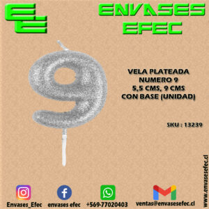 VELA PLATEADA NUMERO 9 - 5,5 CMS X 9 CMS CON BASE (UNIDAD)