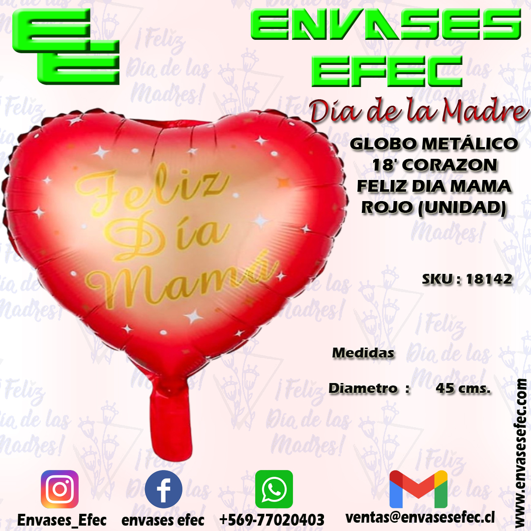 GLOBO METÁLICO 18' CORAZON FELIZ DIA MAMA ROJO (UNIDAD)