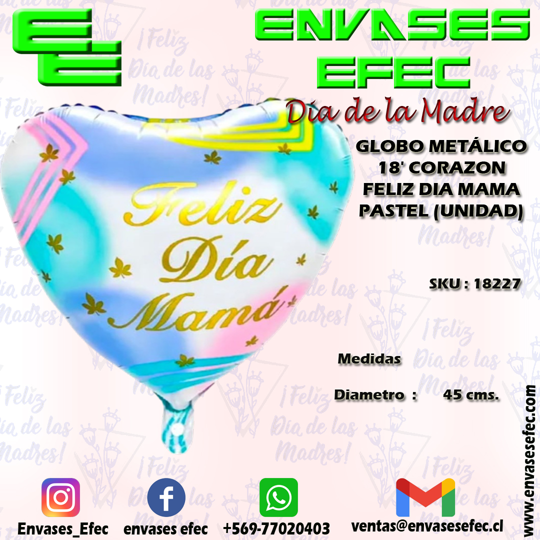 GLOBO METÁLICO 18' CORAZON FELIZ DIA MAMA PASTEL (UNIDAD)