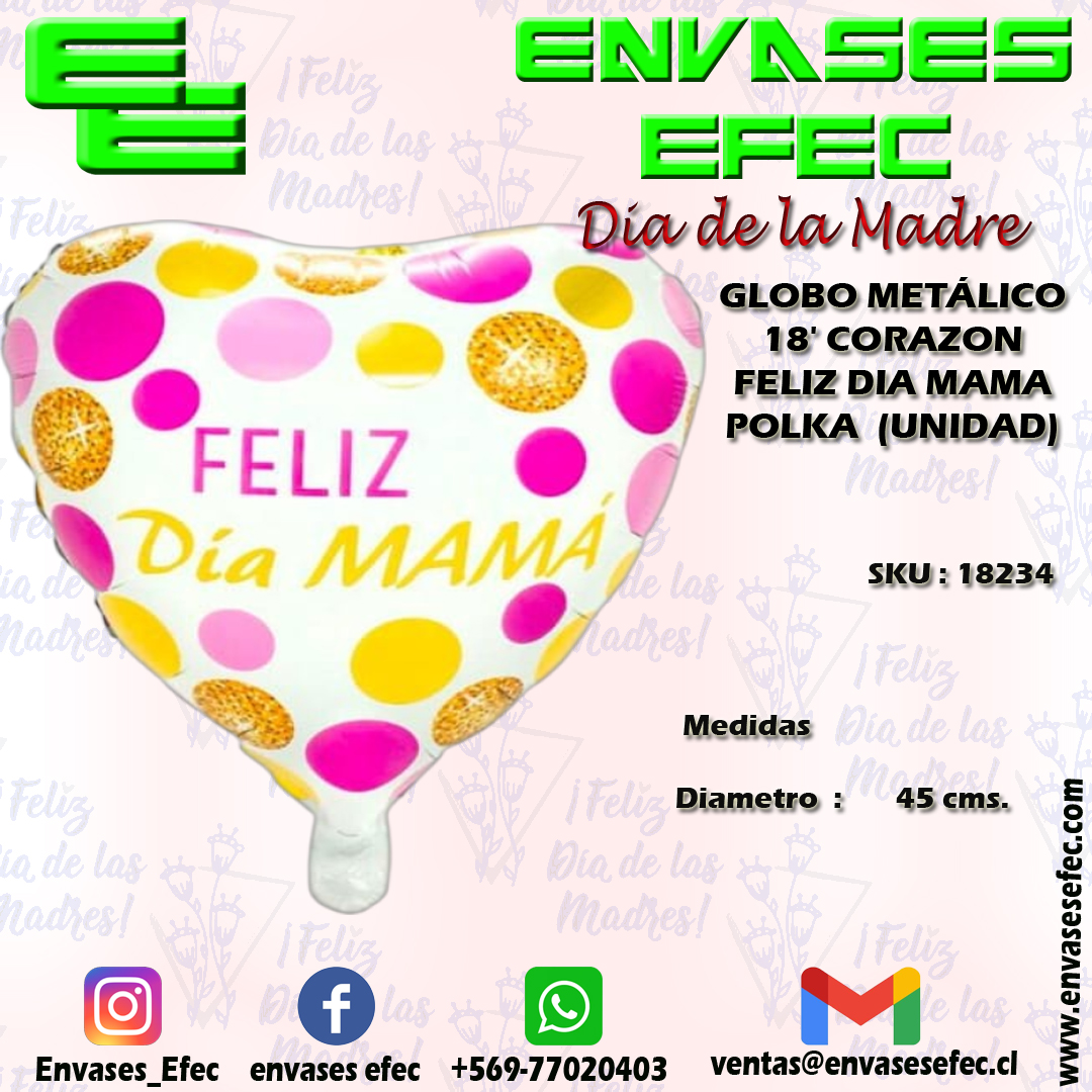 GLOBO METÁLICO 18' CORAZON FELIZ DIA MAMA POLKA (UNIDAD)