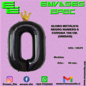 GLOBO METÁLICO NEGRO NUMERO 0 CORONA - 100 CM (UNIDAD)