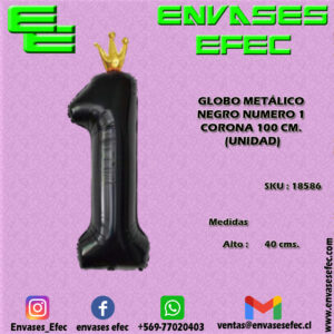 GLOBO METÁLICO NEGRO NUMERO 1 CORONA - 100 CM (UNIDAD)