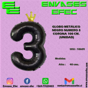 GLOBO METÁLICO NEGRO NUMERO 3 CORONA - 100 CM (UNIDAD)