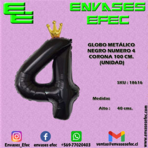 GLOBO METÁLICO NEGRO NUMERO 4 CORONA - 100 CM (UNIDAD)