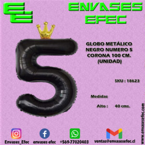 GLOBO METÁLICO NEGRO NUMERO 5 CORONA - 100 CM (UNIDAD)
