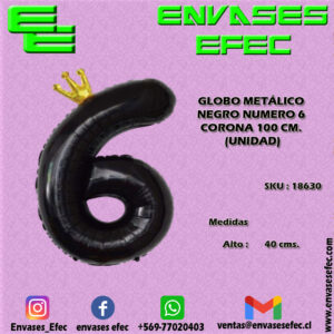 GLOBO METÁLICO NEGRO NUMERO 6 CORONA - 100 CM (UNIDAD)