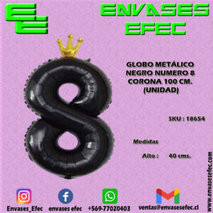 GLOBO METÁLICO NEGRO NUMERO 8 CORONA - 100 CM (UNIDAD)