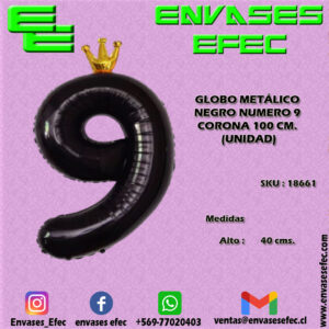 GLOBO METÁLICO NEGRO NUMERO 9 CORONA - 100 CM (UNIDAD)