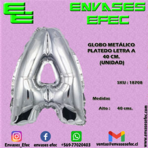 GLOBO METÁLICO PLATEADO LETRA A - 40 CM (UNIDAD)