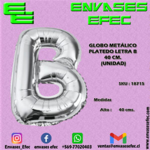 GLOBO METÁLICO PLATEADO LETRA B - 40 CM (UNIDAD)