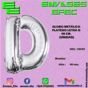 GLOBO METÁLICO PLATEADO LETRA D - 40 CM (UNIDAD)