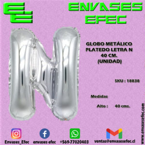 GLOBO METÁLICO PLATEADO LETRA N - 40 CM (UNIDAD)