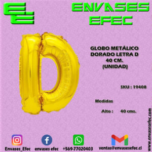 GLOBO METÁLICO DORADO LETRA D - 40 CM (UNIDAD)