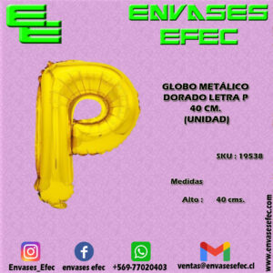GLOBO METÁLICO DORADO LETRA P - 40 CM (UNIDAD)