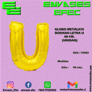 GLOBO METÁLICO DORADO LETRA U - 40 CM (UNIDAD)
