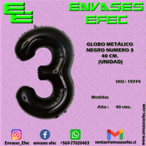 GLOBO METÁLICO NEGRO NUMERO 3 - 40 CM (UNIDAD)