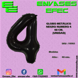 GLOBO METÁLICO NEGRO NUMERO 4 - 40 CM (UNIDAD)
