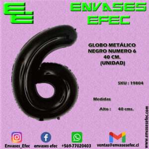 GLOBO METÁLICO NEGRO NUMERO 6 - 40 CM (UNIDAD)